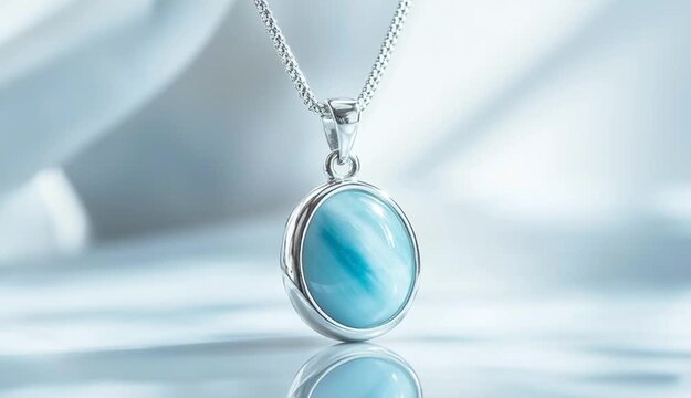 elegant sterling silver pendant necklace with oval larimar stone, light sky blue gemstone with natural white marbling patterns