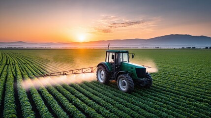 Obraz premium Green tractor spraying crops in a vast field at sunset with mountains in the background