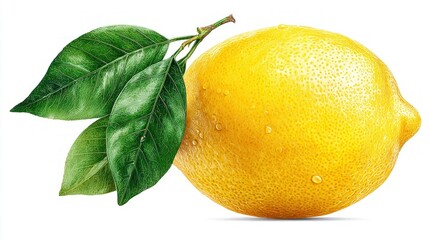 Fresh yellow lemon with green leaves and water droplets on a white background