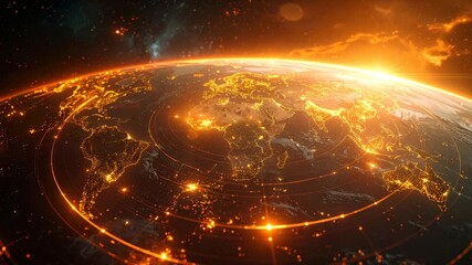 A glowing Earth, with city lights and orbiting lines, against a fiery space backdrop - Powered by Adobe