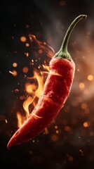 Fiery red chili pepper exploding with flames and sparks