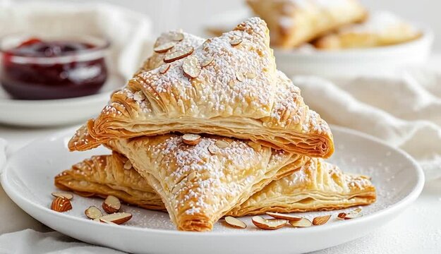 Stack of golden puff pastry turnovers on white ceramic plate, triangle-shaped pastries dusted with powdered sugar