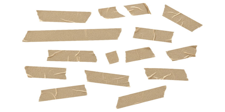 Collection of brown masking tape strips scattered on a white background, realistic vector illustration