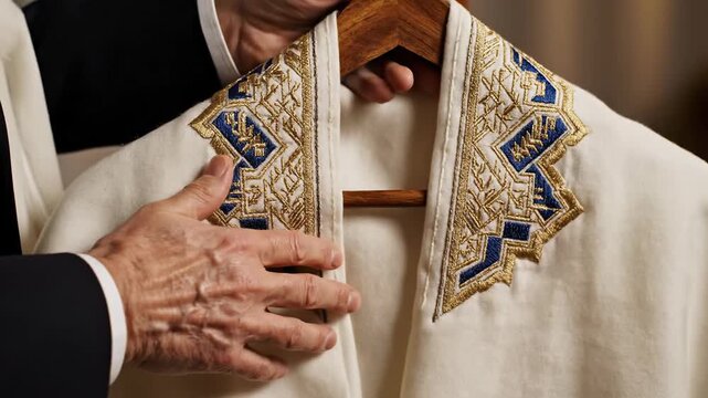 Close-up of a priest adjusting ornate religious vestments with gold and blue embroidery
