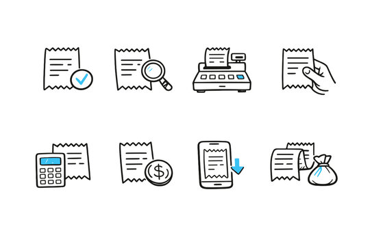 Collection of hand-drawn icons representing financial transactions and receipts