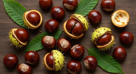 Obraz premium chestnuts and green leaves on wooden table
