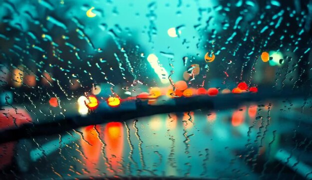 View through rain-covered car windshield, wet glass with water droplets, rainy city street at dusk, red car brake lights glowing ahead in traffic, blurred bokeh traffic lights in background

