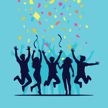 Silhouettes of jubilant people jumping with confetti showering down celebrating joyfully on a bright blue background a vibrant illustration for