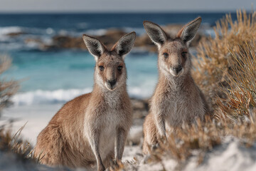 Fototapeta premium Two wild kangaroos stand alert on sandy beach with dry bushes and blue ocean backdrop, creating serene and natural coastal wildlife scene