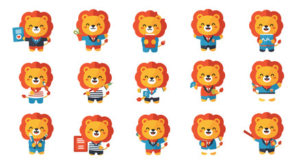 Fototapeta premium Set of Lion Cartoon Characters in Different Professions