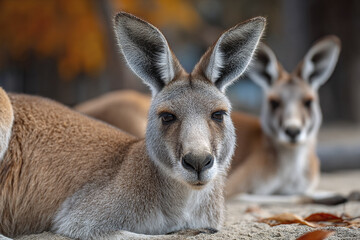 Fototapeta premium Resting kangaroo lying on sandy ground with calm expression and soft fur, another kangaroo blurred in background, natural outdoor setting with autumn leaves