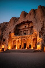 Fototapeta premium Carved facade glows warmly, framed by towering rock cliffs, under a dusky twilight sky