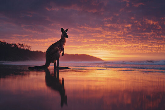 Dramatic silhouette of kangaroo standing on quiet beach during colorful sunset with vibrant orange and purple sky reflecting on wet sand, creating peaceful mood