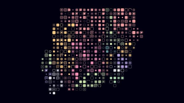 Sudan animated country shape. Pulsating colored dots on the map of the country. Large size rounded square blocks. Digital style Sudan map on dark background. Trending animation video.