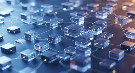 Abstract blockchain technology background with transparent connected cubes, decentralized digital network, data security, fintech innovation and distributed ledger concept