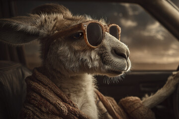 Obraz premium Confident llama wearing sunglasses and textured brown shawl sits in car, looking ahead with calm expression during moody sunset drive