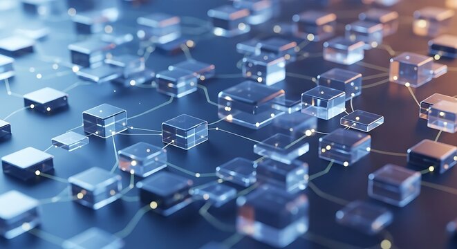 Abstract blockchain technology background with transparent connected cubes, decentralized digital network, data security, fintech innovation and distributed ledger concept