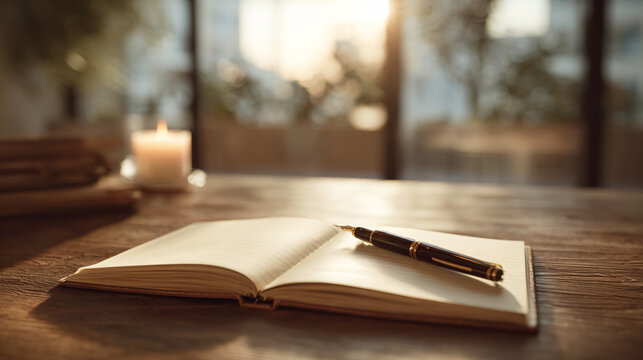 Open notebook with a pen on a wooden table near a window.