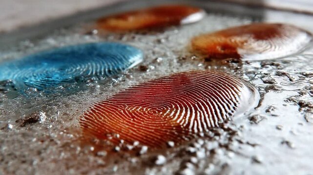 Abstract Fingerprint Impression: A close-up view presents an abstract composition of several vividly colored fingerprint impressions, captured in a state of suspended animation. 