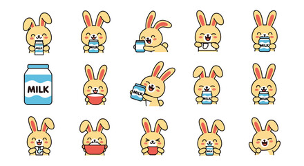 Fototapeta premium Cute Bunny Drinking Milk in Various Poses