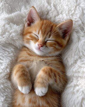 Adorable orange tabby kitten peacefully sleeps on a soft, white faux fur blanket.