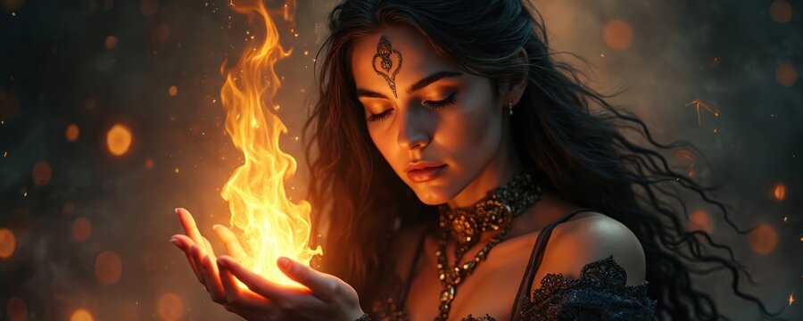 Woman holds bright flame in hands. Mystic sorceress with glowing fire in dark fantasy scene. Young witch conjures magic energy, mysterious ritual.