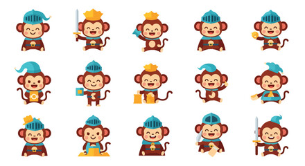 Fototapeta premium Cute Monkey Knight Cartoon Character Set