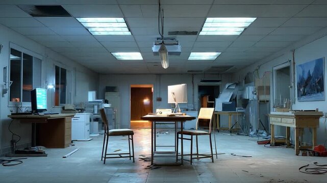 Mysterious Office: A dimly lit office space hints at hidden narratives, filled with outdated technology and a sense of forgotten purpose, a setting that stirs curiosity and imagination.