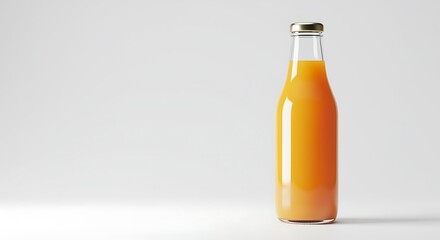 Glass bottle filled with orange juice on white surface