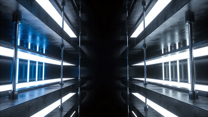 Fototapeta premium A futuristic, dark, and symmetrical industrial corridor illuminated by glowing blue and white neon lights, creating a sleek, high-tech atmosphere