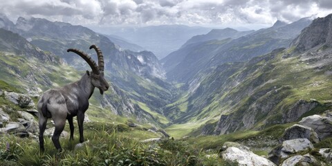 Fototapeta premium A majestic mountain goat surveys a vast valley, with towering peaks and lush green slopes