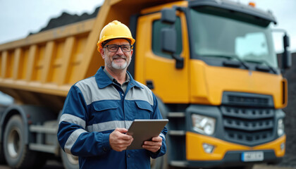 Man in hard hat uses tablet near dump truck filled with coal. He smiles looking at camera. Pro driver checks cargo load. Logistics work outdoors.