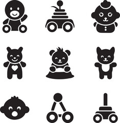 Silhouette icons of cute cartoon animals and toys
