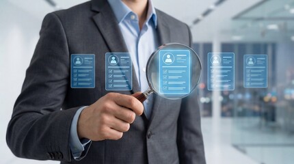 Businessman using magnifying glass to select best candidate from virtual resume profiles