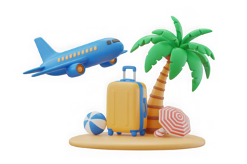 3D travel concept with a blue airplane, yellow suitcase, palm tree, and beach elements vacation isolated on a transparent background