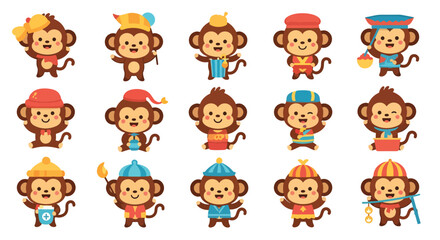 Obraz premium Cartoon Monkey Set with Different Hats and Clothes