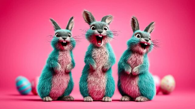 Easter party: Easter bunnies dancing surrounded by colorful Easter eggs, an animated video for greeting cards, festive events, and Easter celebrations.