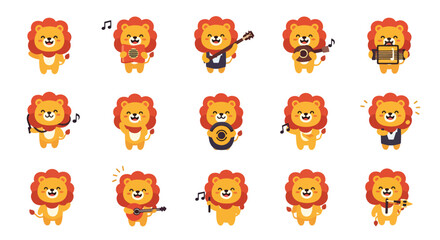 Fototapeta premium Cute Lion Musician Cartoon Character Set