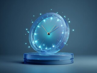 Glowing blue clock on pedestal with futuristic design elements