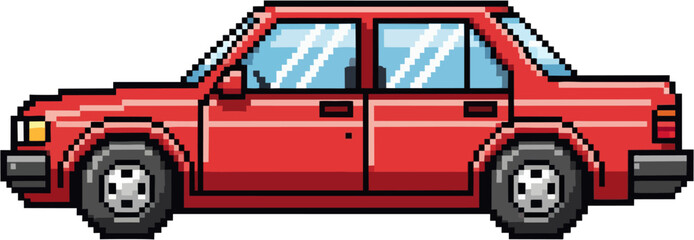 Naklejka premium Retro Pixel Art Red Sedan Car Illustration with Classic Boxy Design and Vintage Aesthetic for Digital Graphics and Game Assets, Side View Vehicle
