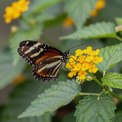 Obraz premium A zebra longwing butterfly feeds on a bright yellow flower