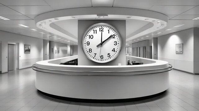 Time and Space: A grand clock presides over a sleek, modern reception area, emphasizing the importance of punctuality and efficiency within a building.