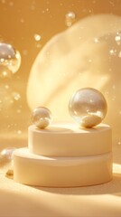 Elegant golden disco balls on modern podium with sparkling bubbles