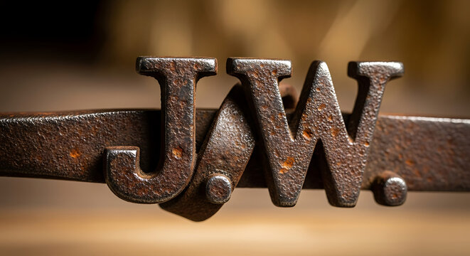 Close-up of rustic, weathered metal letters 'JW' with strong rusty texture, conveying an antique vintage style and heritage.