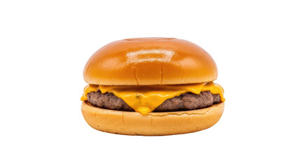 A cheeseburger isolated on transparent background with melted cheese and toasted bun
