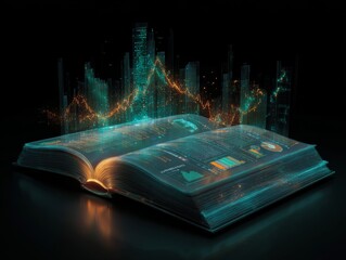 Futuristic book with glowing data visualization and cityscape background