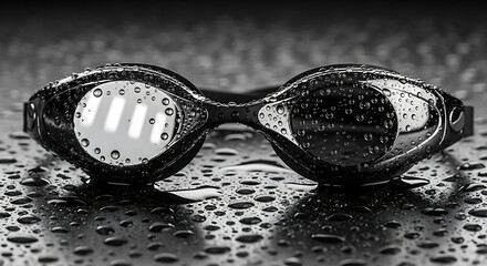 Professional black and white swimming goggles with glistening water droplets on a dark wet surface, close-up studio shot