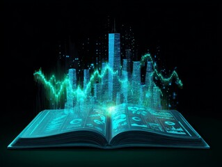 Futuristic cityscape emerging from digital book with financial data