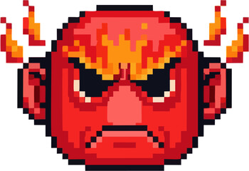 Fototapeta premium Pixelated angry red face with flames, representing intense frustration and rage
