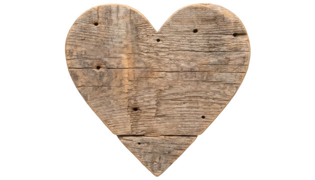 Rustic wooden heart shape with visible grain and nail holes perfect for crafting on transparent background